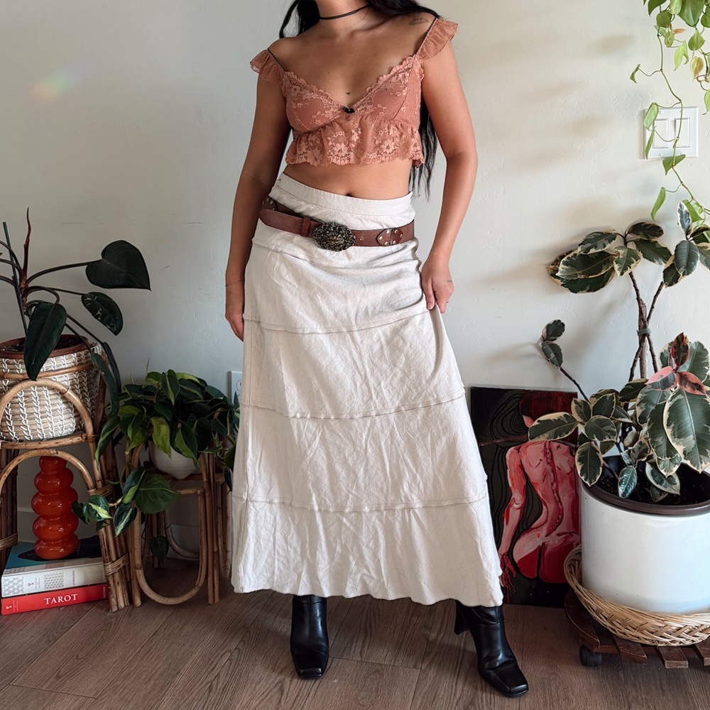 vintage cream linen maxi skirt western boho